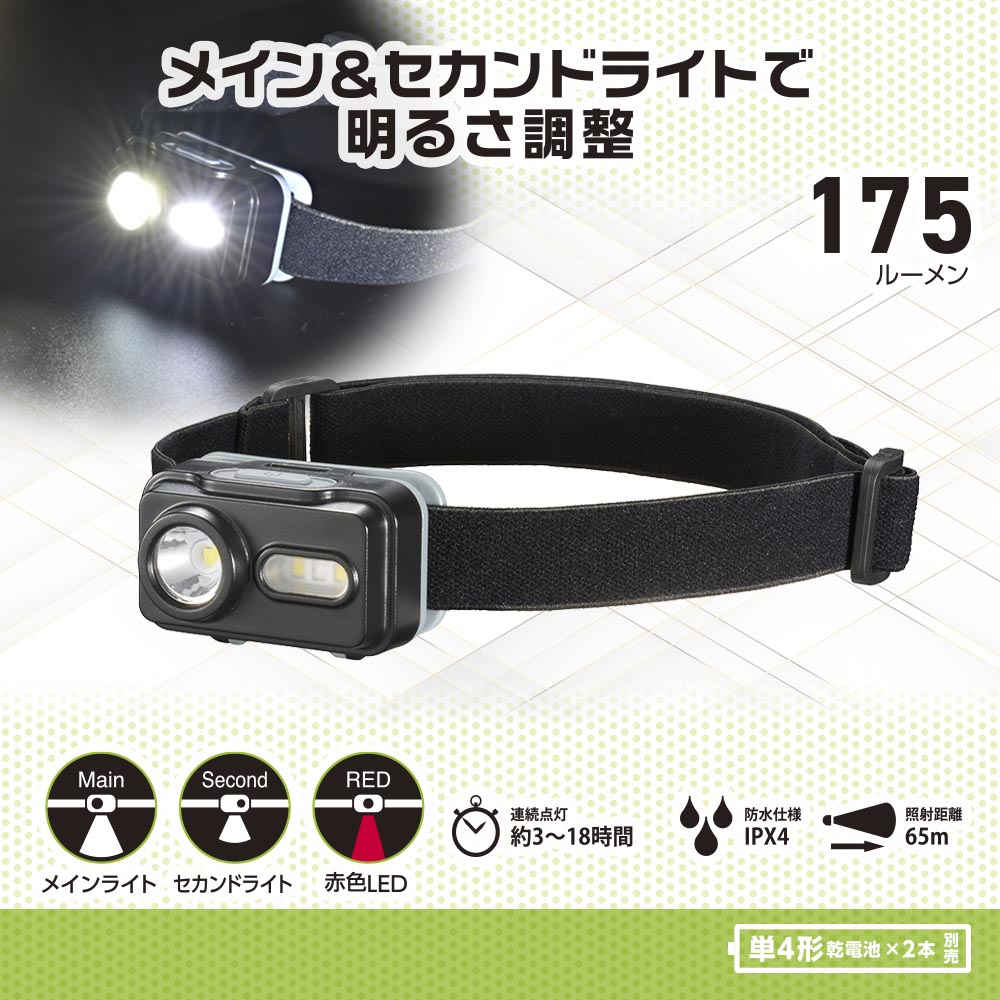 LEDヘッドライト(175 lm/単4形×2本使用/連続点灯3~18時間/保護等級IPX4)_08-1663_LC-18A7_OHM(オーム電機)